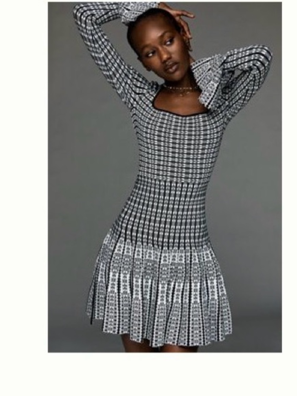Anthropologie Black and White Long-Sleeve Patterned Fit-and-Flare Dress